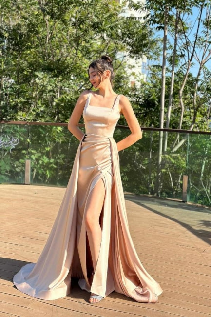 Fabulous Column Satin Square Sleeveless Prom Dresses With Split Train