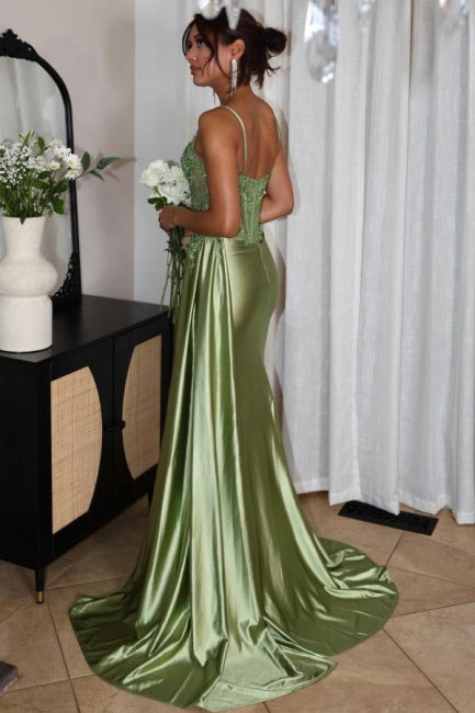 Fabulous Column Tulle Satin Sweetheart Sleeveless Green Prom Dresses With Split Front