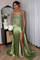 Fabulous Column Tulle Satin Sweetheart Sleeveless Green Prom Dresses With Split Front