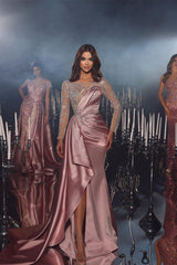 Fabulous Floor Length Crew Long Sleeves Mermaid Satin Prom Dress with Ruffles-misshow.com