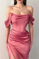 Fabulous Floor Length Off-The-Shoulder Mermaid Satin Prom Dress with Split-misshow.com