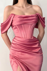 Fabulous Floor Length Off-The-Shoulder Mermaid Satin Prom Dress with Split-misshow.com