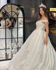 Fabulous Floor Length Sweetheart Off-The-Shoulder A-Line Sequined Wedding Dress with Ruffles-misshow.com