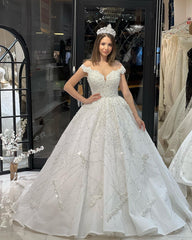 Fabulous Floor Length Sweetheart Off-The-Shoulder A-Line Sequined Wedding Dress with Ruffles-misshow.com