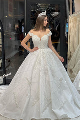 Fabulous Floor Length Sweetheart Off-The-Shoulder A-Line Sequined Wedding Dress with Ruffles-misshow.com