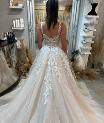 Fabulous Long A-line Sleeveless Lace Wedding Dress With Slit-misshow.com