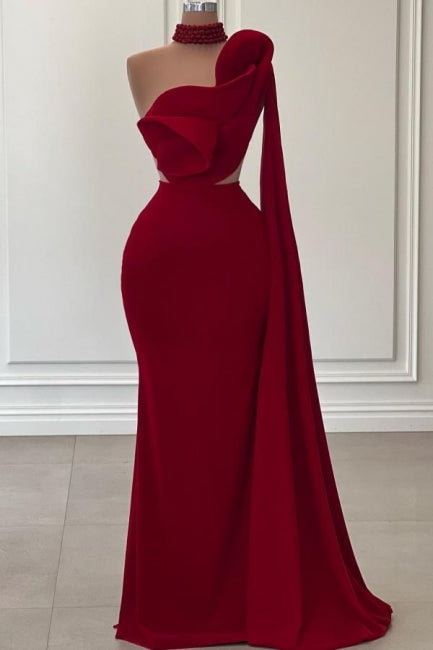 Fabulous Long Burgundy One Shoulder Mermaid Sleeveless Prom Dresses with Ruffles