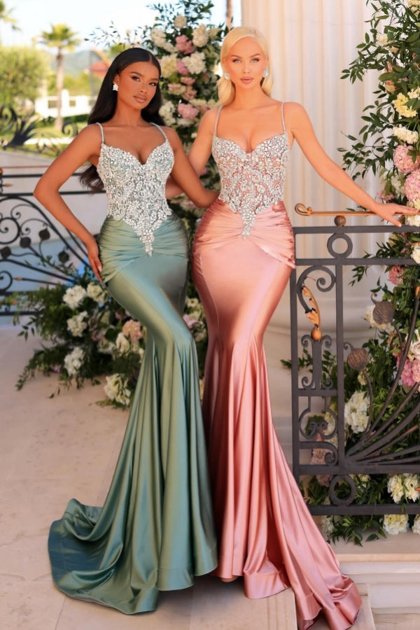 Fabulous Long Green Mermaid Spaghetti Straps Lace Satin Prom Dress