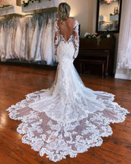 Fabulous Long Mermaid Backless V-neck Lace Wedding Dress With Detachable Train