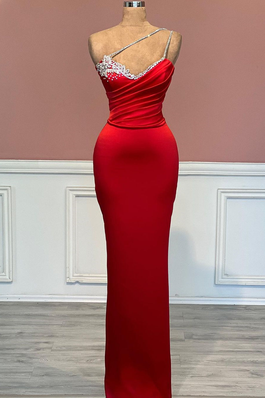 Fabulous Long Red One Shoulder Straps Mermaid Jewels Prom Dress