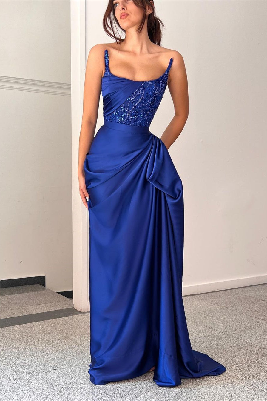 Fabulous Long Royal Blue Sleeveless Sequined Beading Prom Dress With Ruffles