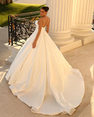 Fabulous Long White A-line Spaghetti Straps Satin Wedding Dress-misshow.com