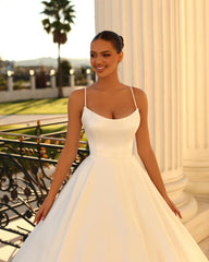 Fabulous Long White A-line Spaghetti Straps Satin Wedding Dress-misshow.com