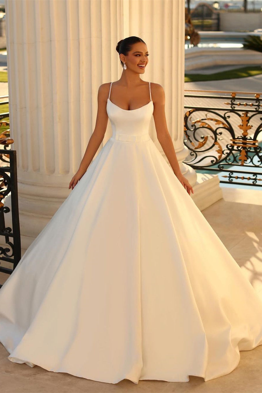 Fabulous Long White A-line Spaghetti Straps Satin Wedding Dress-misshow.com