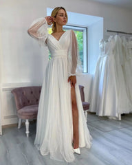 Fabulous Long White A-line V-neck Long Sleeves Glitter Wedding Dress With Slit-misshow.com