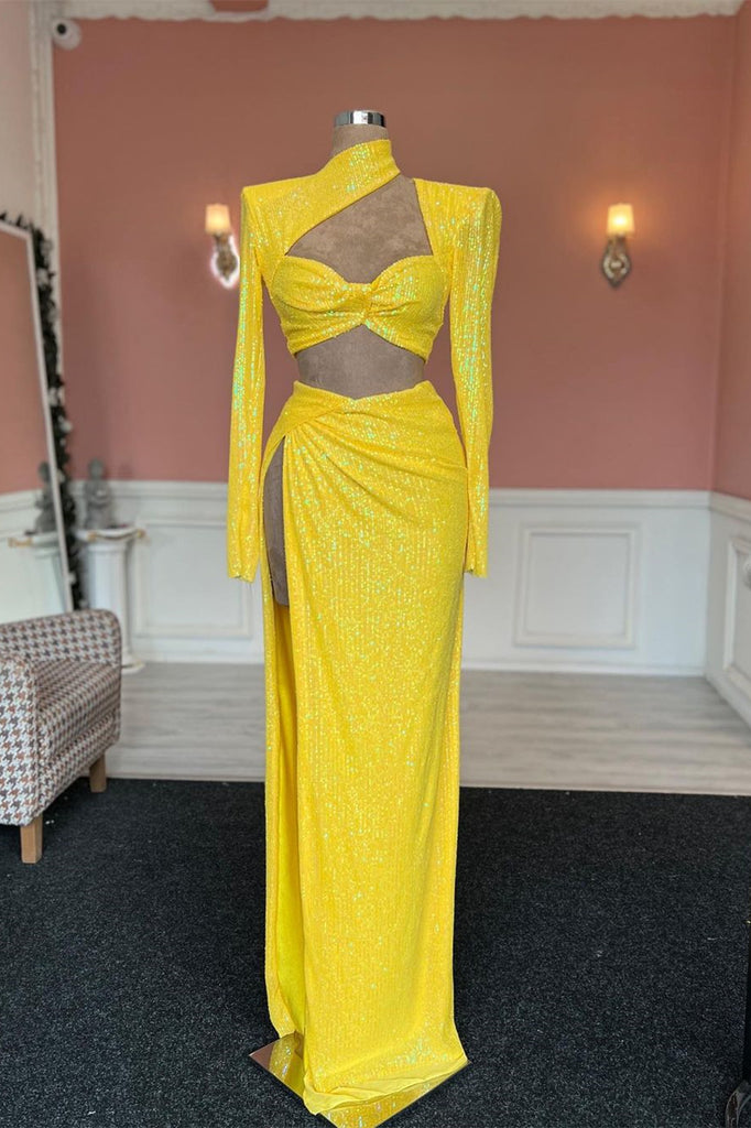 Fabulous Long Yellow Sequined High Neck Long Sleeves Prom Dress With S ...