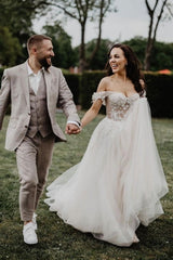 Fabulous Off-the-shoulder Sleeveless A-Line Tulle Wedding Dresses with Appliques-misshow.com