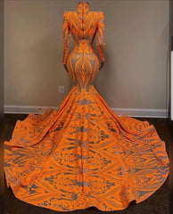 Fabulous Orange Halter Appliques Lace Long Sleeve Mermaid Prom Dresses-misshow.com