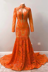 Fabulous Orange Halter Appliques Lace Long Sleeve Mermaid Prom Dresses-misshow.com