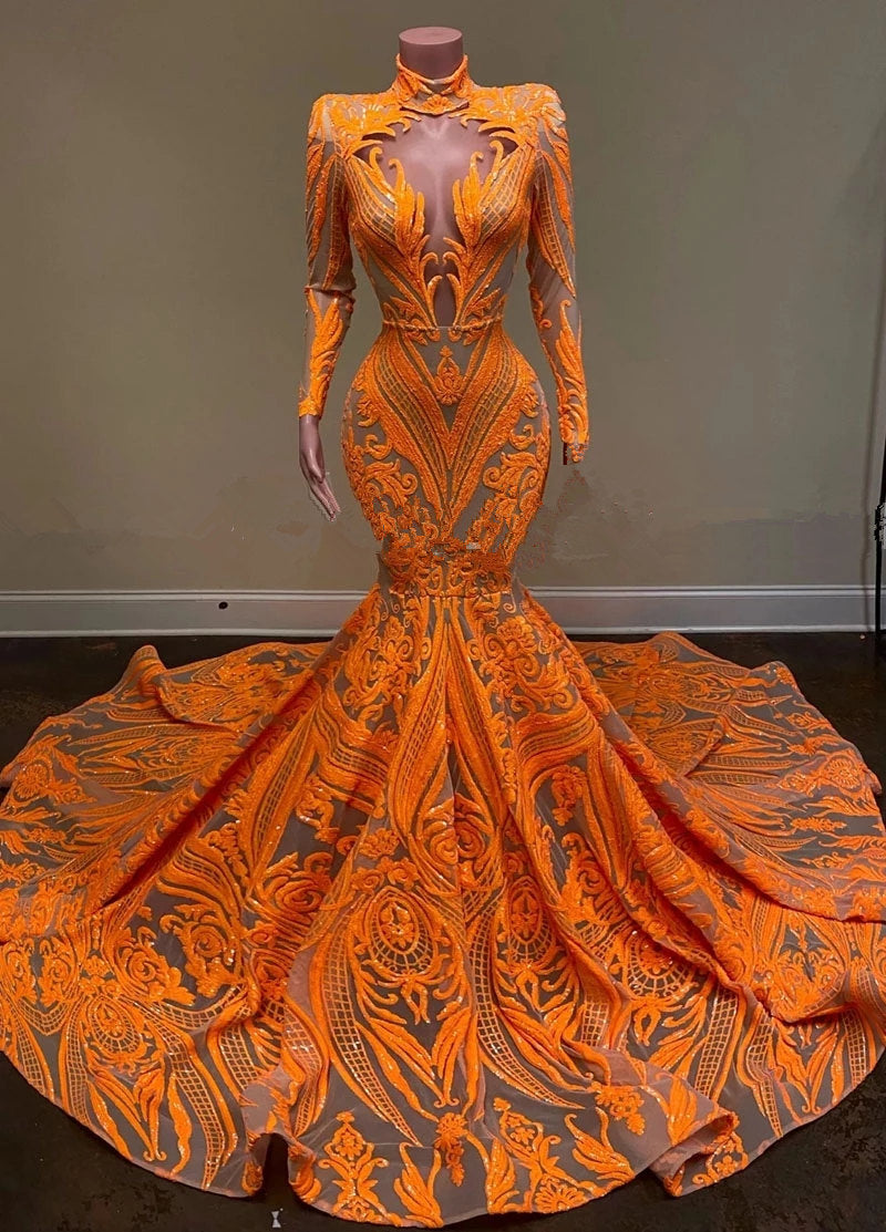 Fabulous Orange Halter Appliques Lace Long Sleeve Mermaid Prom Dresses-misshow.com