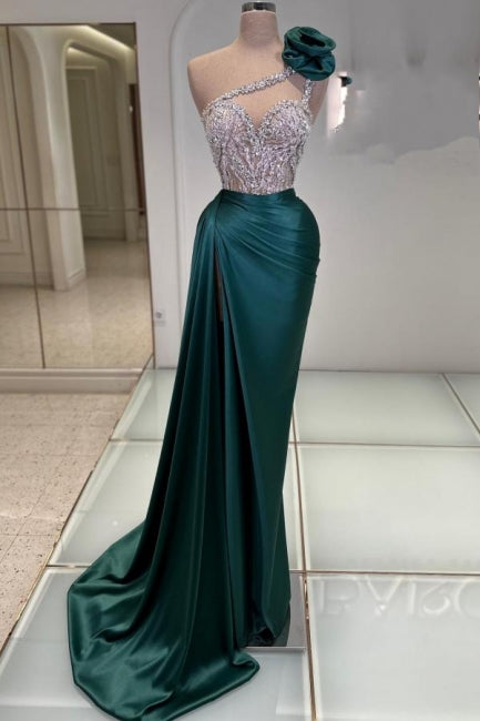 Fashion Long Dark Green One Shoulder Jewel Sleeveless Prom Dress