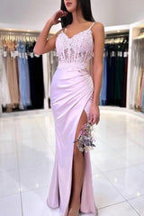 Fashionable Floor Length Mermaid Spaghetti Straps Lace Prom Dress with Slit