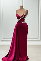 Fashionable Long Burgundy Mermaid One Shoulder Beading Satin Prom Dress