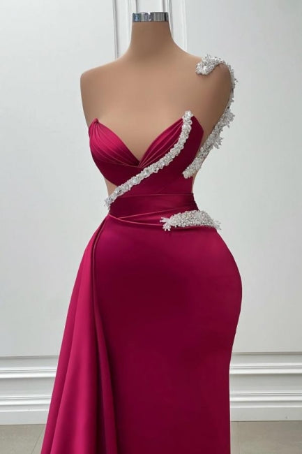 Fashionable Long Burgundy Mermaid One Shoulder Beading Satin Prom Dress