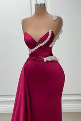 Fashionable Long Burgundy Mermaid One Shoulder Beading Satin Prom Dress