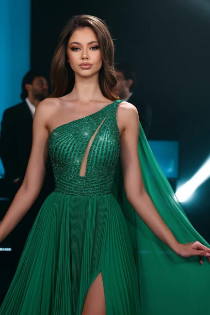 Fashionable Long Emerald A-line One Shoulder Chiffon Beading Prom Dress with Slit