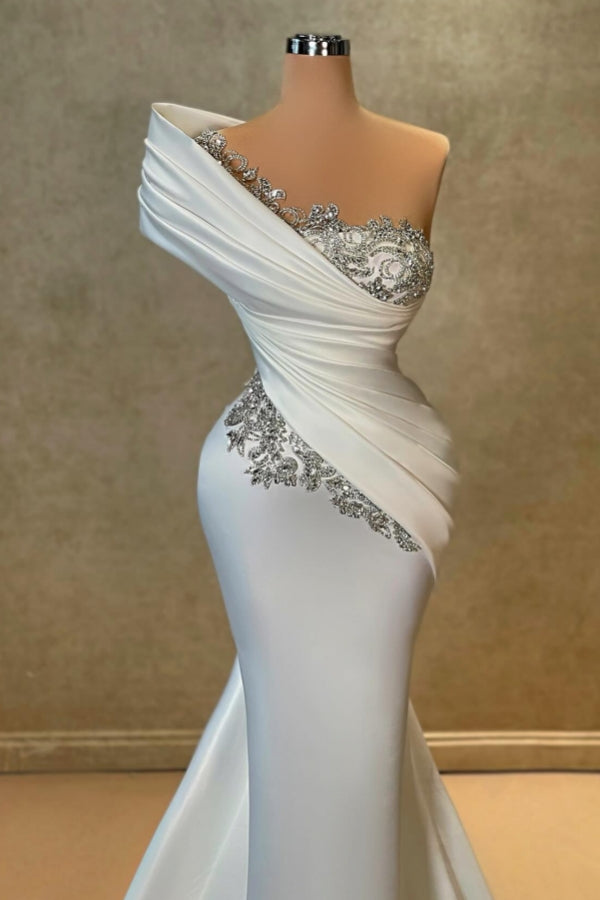 Fashionable Long White One Shoulder Mermaid Lace Satin Prom Dress with Rhinestones