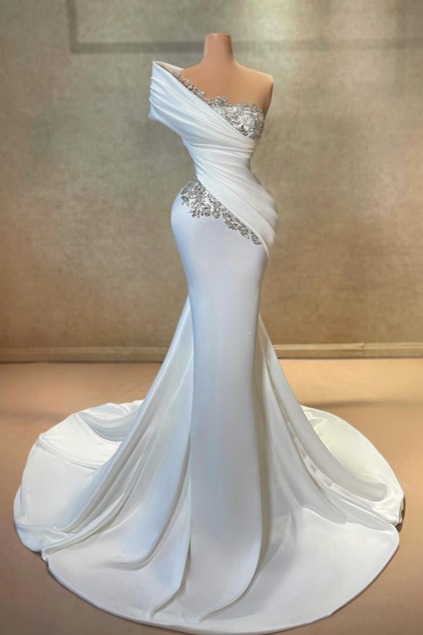 Fashionable Long White One Shoulder Mermaid Lace Satin Prom Dress with Rhinestones