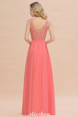 Floral Lace A-line Simple Wedding Dress Sleeveless Maxi Bridesmaid Dress-misshow.com