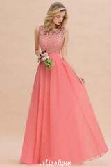 Floral Lace A-line Simple Wedding Dress Sleeveless Maxi Bridesmaid Dress-misshow.com