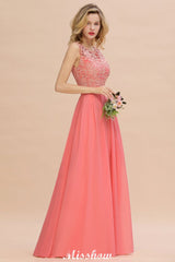 Floral Lace A-line Simple Wedding Dress Sleeveless Maxi Bridesmaid Dress-misshow.com