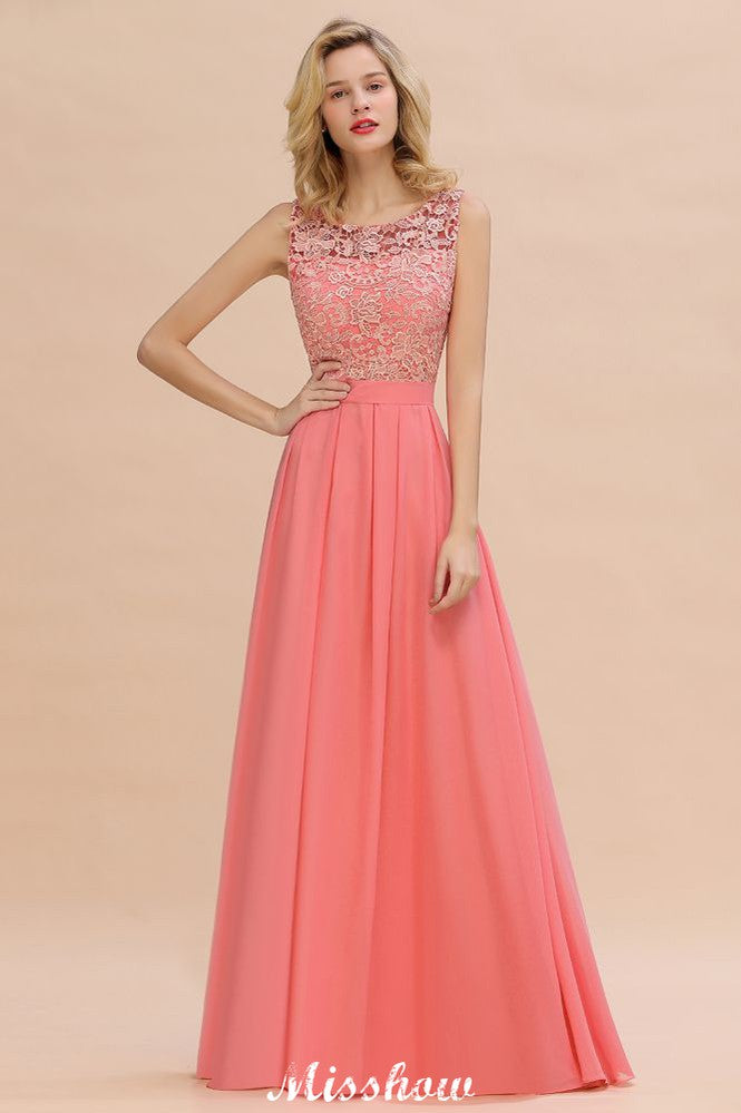 Floral Lace A-line Simple Wedding Dress Sleeveless Maxi Bridesmaid Dress-misshow.com