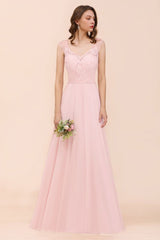 Floral Lace Bridesmaid Dress Pink A-line Wedding Party Dress-misshow.com