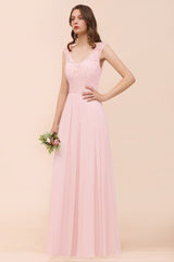 Floral Lace Bridesmaid Dress Pink A-line Wedding Party Dress-misshow.com