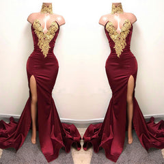 Front-Split High Neck Mermaid Burgundy Lace Appliques Prom Dresses-misshow.com