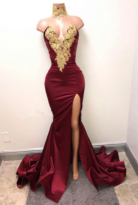 Front-Split High Neck Mermaid Burgundy Lace Appliques Prom Dresses-misshow.com