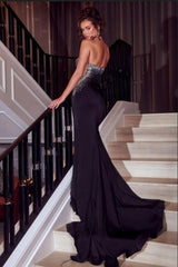 Glamorous Black Long Glitter One Shoulder Sleeveless Sequined Mermaid Evening Dress-misshow.com