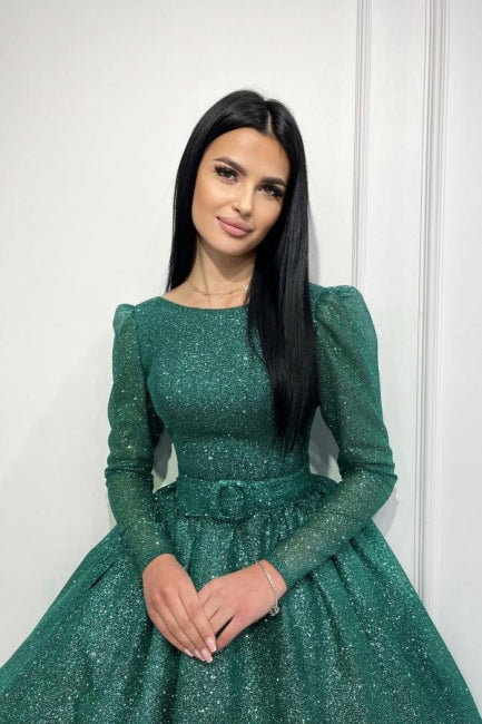 Glamorous Dark Green A-line Sequined Ankle Length Prom Dress with Long Sleeves