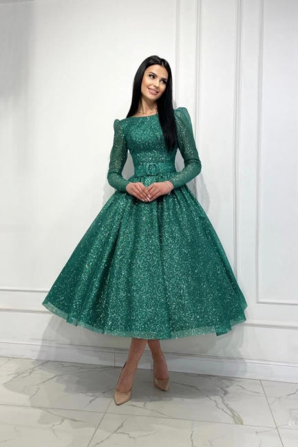 Glamorous Dark Green A-line Sequined Ankle Length Prom Dress with Long Sleeves