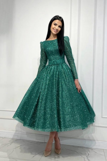 Glamorous Dark Green A-line Sequined Ankle Length Prom Dress with Long Sleeves