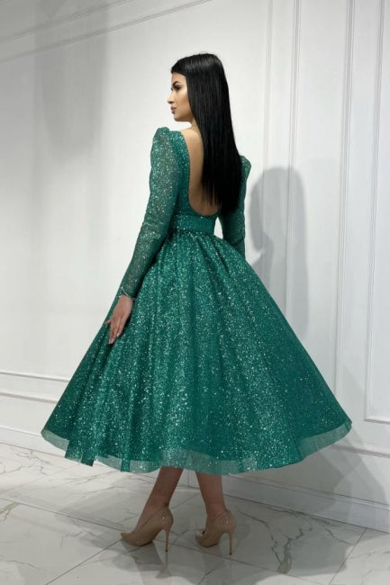 Glamorous Dark Green A-line Sequined Ankle Length Prom Dress with Long Sleeves