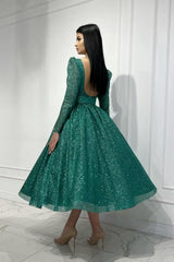 Glamorous Dark Green A-line Sequined Ankle Length Prom Dress with Long Sleeves