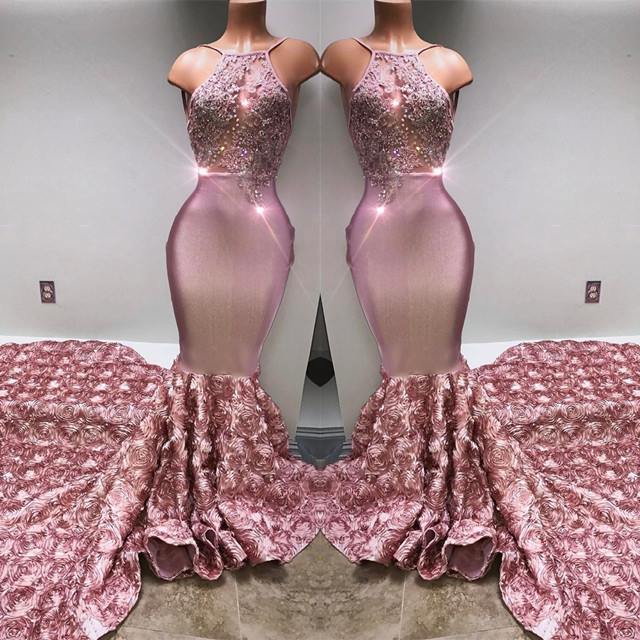 Glamorous Halter Mermaid Pink Prom Dress Lace With 3D-Floral Flowers Bottom-misshow.com