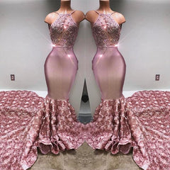 Glamorous Halter Mermaid Pink Prom Dress Lace With 3D-Floral Flowers Bottom-misshow.com