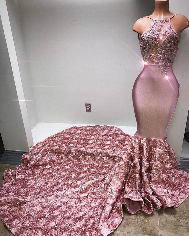 Glamorous Halter Mermaid Pink Prom Dress Lace With 3D-Floral Flowers Bottom-misshow.com