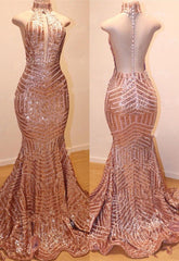 Glamorous High-Neck Sleeveless Sequins Mermaid Long Sequins Evening Gowns-misshow.com